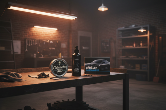 Car paint protection products on a garage workbench — carnauba wax tin, paint sealant bottle, and ceramic coating kit side by side