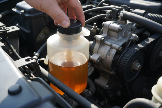 Power steering fluid reservoir under the hood — translucent reservoir cap being opened, amber colored fluid visible inside, steering pump and hoses in background