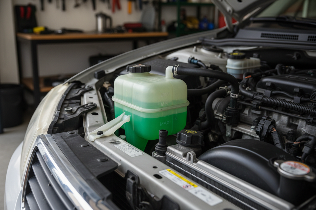 Car radiator coolant reservoir under the hood — translucent coolant overflow tank with bright green coolant and MIN/MAX markings visible