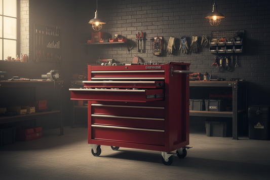 Large rolling tool chest with multiple open drawers in an organized garage — dark industrial setting with warm lighting