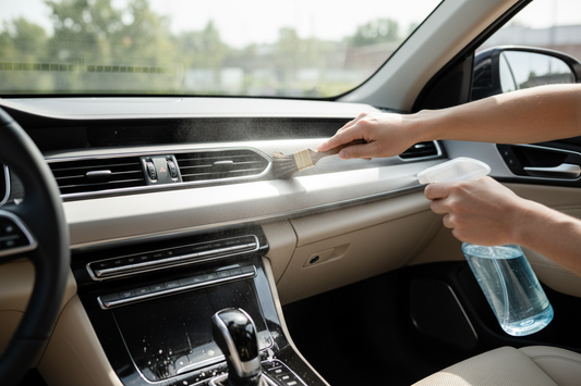Person using a detailing brush and interior cleaner on a car dashboard with vents — clean modern car interior, center console visible