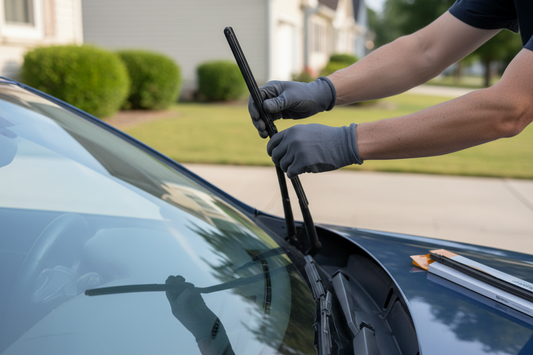 Person replacing a windshield wiper blade on a car — close-up of hands lifting the wiper arm and unclipping the old worn wiper blade, car parked in a driveway