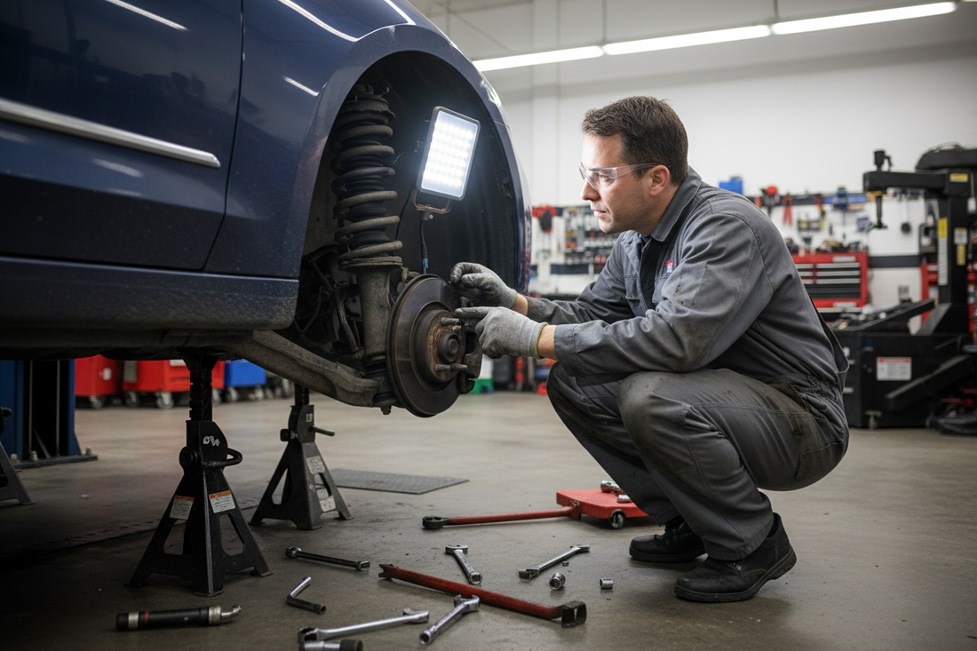 Mechanic inspecting car suspension components under a lifted vehicle on jack stands — examining strut assembly, control arm, and ball joint area