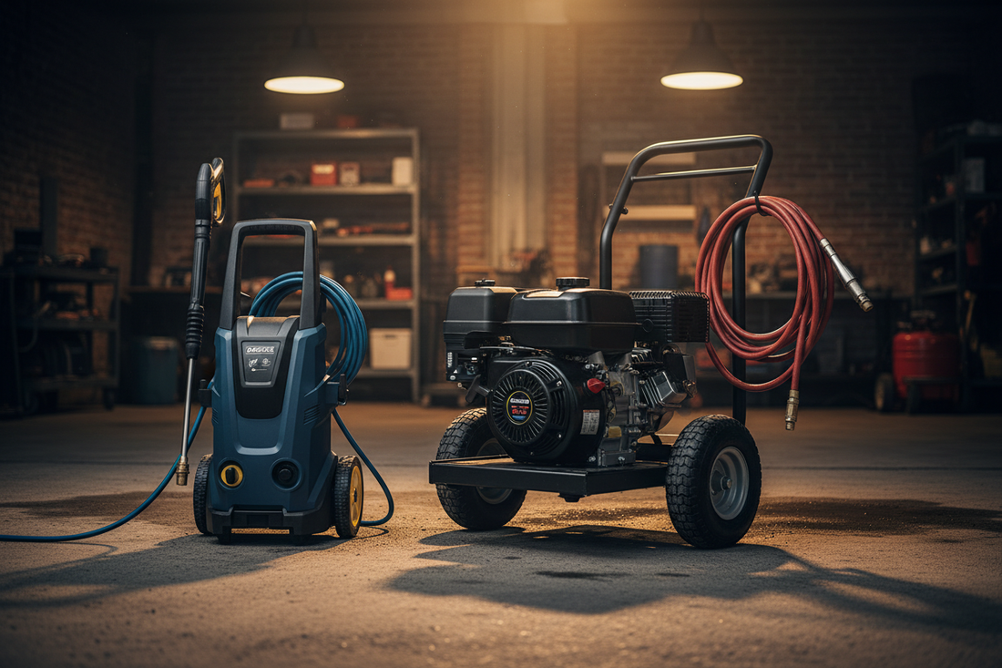 Electric pressure washer and gas pressure washer side by side on a garage driveway — comparing compact electric vs heavy-duty gas unit