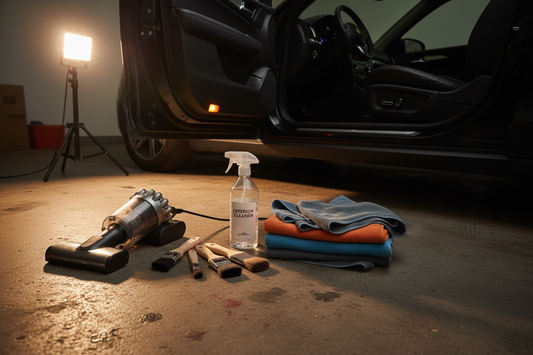 Car interior detailing setup beside a car door — handheld vacuum, detailing brush set, interior cleaner spray, and microfiber towels