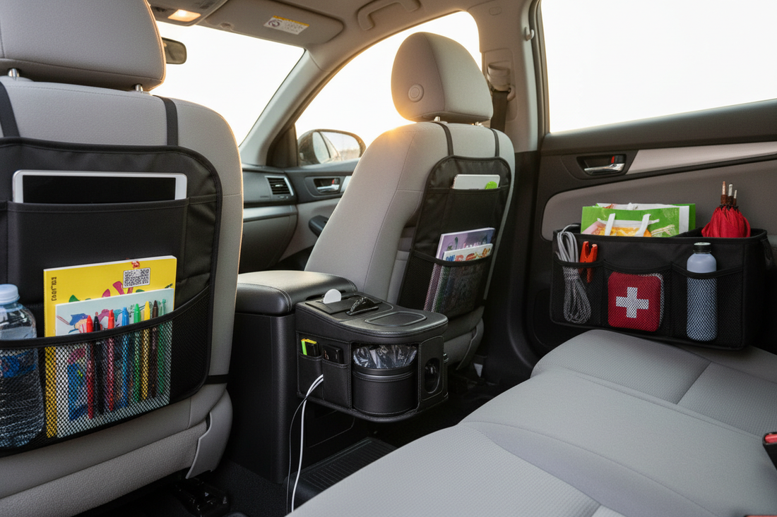 Organized car interior with center console organizer, seat back pocket organizer, and trunk organizer — clean tidy car interior with storage solutions