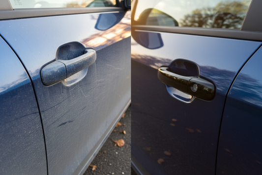 Faded gray plastic car trim before and after trim restorer treatment — left showing chalky gray trim, right showing deep black restored trim