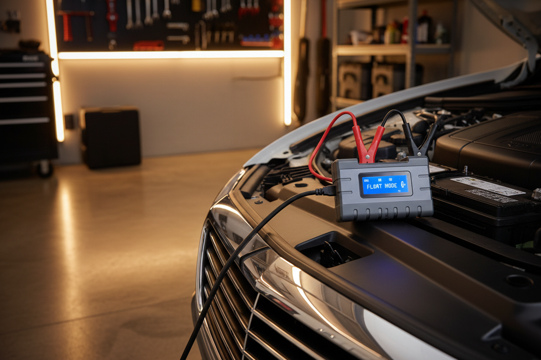 Battery charger connected to car battery terminals in a garage — clamps on battery with charger display showing charging status