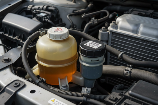 Car brake fluid reservoir and power steering fluid reservoir under the hood — open engine bay showing two fluid reservoirs with DOT 4 and power steering fluid labels