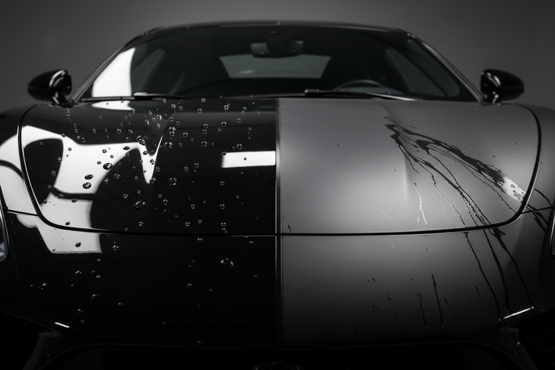 Car paint protection comparison — left side showing deep glossy ceramic coated paint with water beading, right side showing unprotected dull paint under dramatic lighting