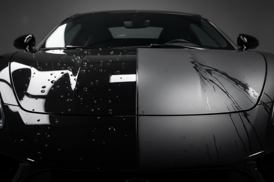 Car paint protection comparison — left side showing deep glossy ceramic coated paint with water beading, right side showing unprotected dull paint under dramatic lighting