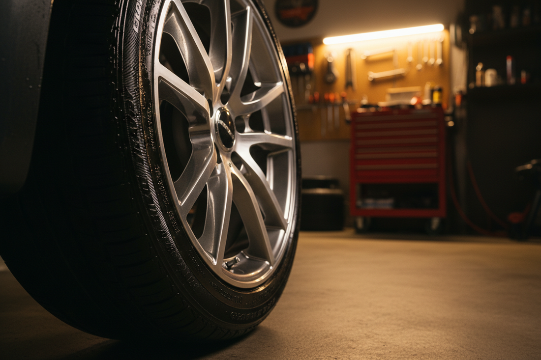 Shiny black tire with tire dressing applied next to a clean polished alloy wheel — deep glossy tire sidewall finish in a garage
