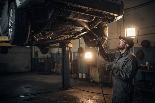 Car undercarriage being sprayed with undercoating — mechanic applying rubberized undercoating to the underbody of a lifted car in a garage