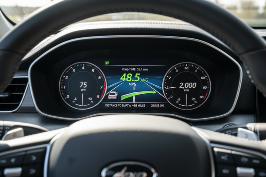 Car dashboard showing fuel economy display and MPG meter — digital instrument cluster showing real-time fuel economy on highway