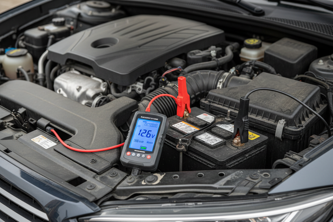 Car battery being tested with a digital battery tester showing voltage reading