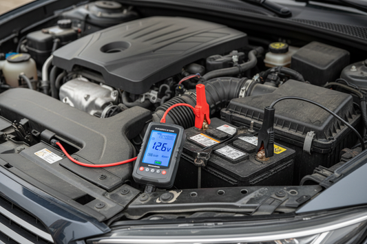 Car battery being tested with a digital battery tester showing voltage reading