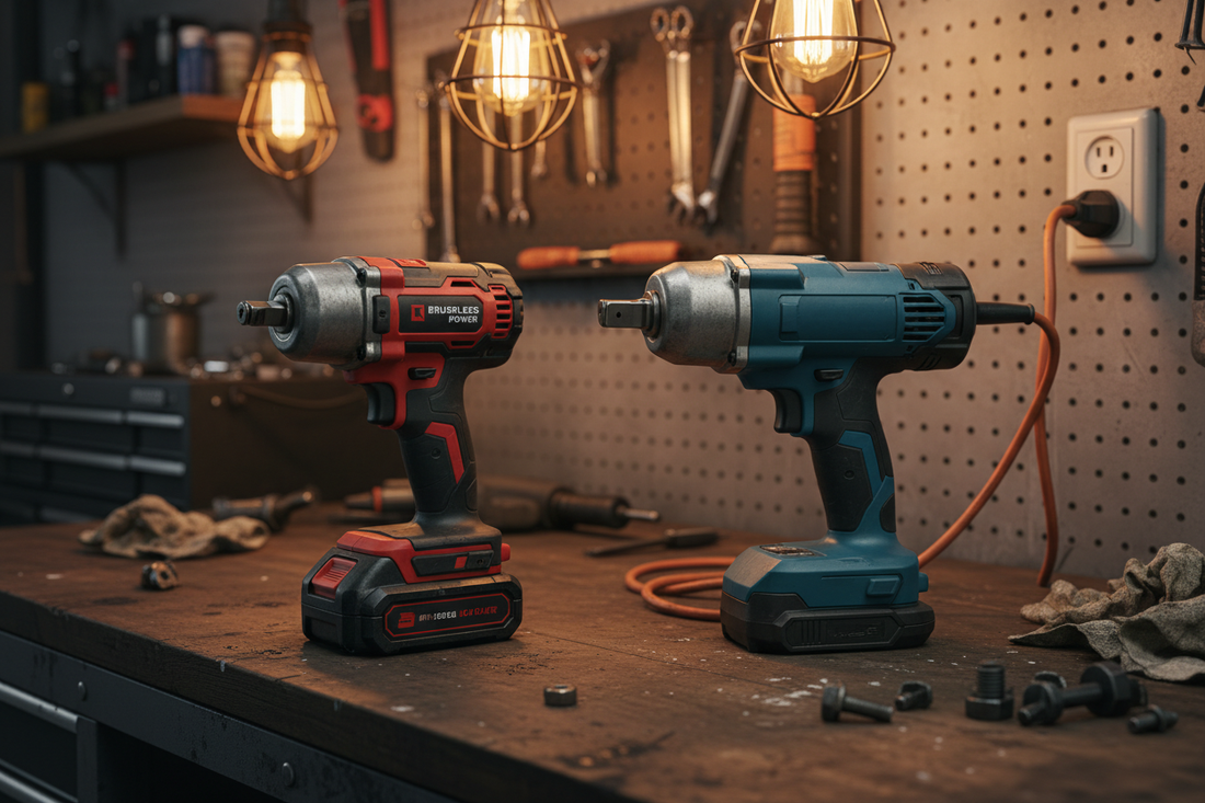 Cordless brushless impact wrench and corded electric impact wrench side by side on a dark garage workbench