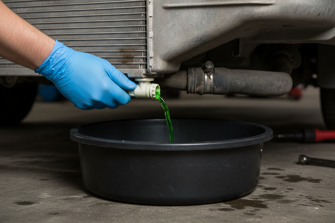 Gloved hand opening a radiator drain petcock valve at the bottom of a radiator, green coolant beginning to drain into a large catch pan below