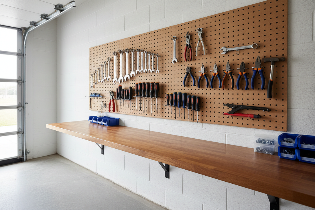 Wall-mounted pegboard with organized hand tools — wrenches, screwdrivers, pliers hanging on hooks