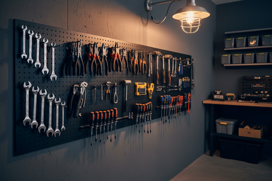Fully organized metal pegboard on garage wall with hooks holding wrenches, pliers, screwdrivers, and hand tools — dark industrial garage with warm lighting