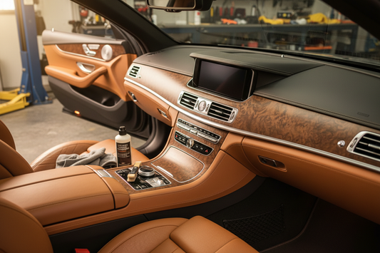 Clean and detailed car interior with freshly conditioned leather seats, dashboard, and center console — premium interior car care result
