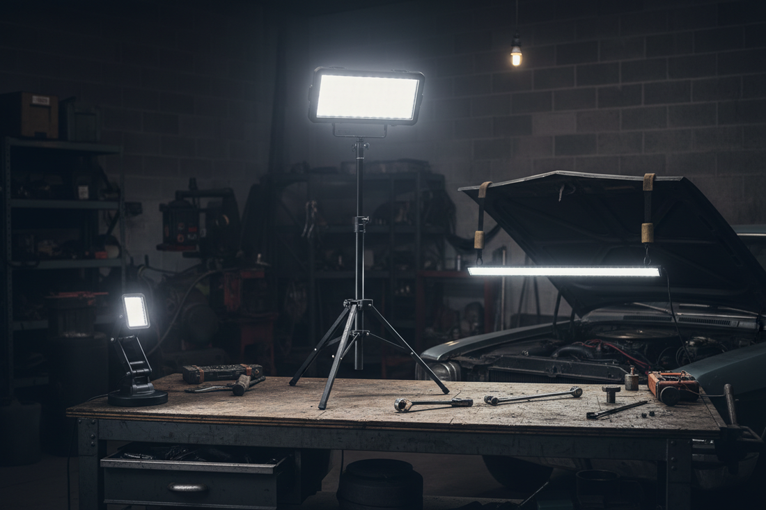 Three types of LED work lights in a garage — tripod flood light, underhood bar light, and portable magnetic work light on workbench