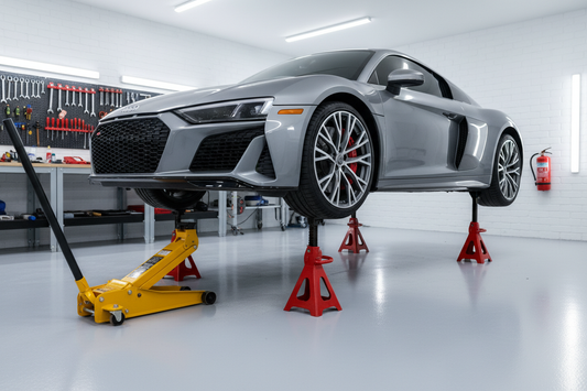 Car lifted on four jack stands in a clean garage — safe lifting setup