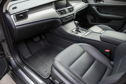 All-weather rubber floor mats installed in a car interior — black molded rubber mats with deep channels and raised edges in driver and passenger footwells