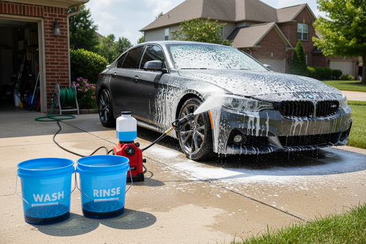 Two bucket car wash setup in a driveway — two large wash buckets with grit guards and foam cannon blasting thick white foam on a dark car