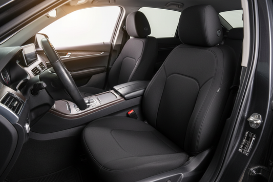 Custom fit car seat covers installed on front and rear seats — black neoprene seat covers fitting perfectly on bucket seats and bench seat