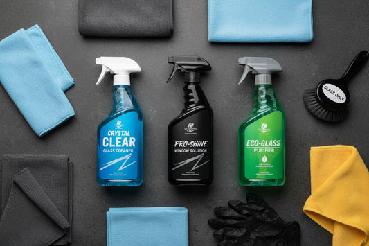 Car glass cleaner products — spray bottles and microfiber glass towels for streak-free windows