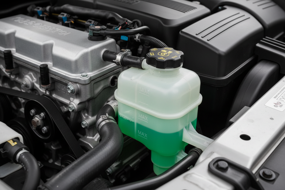 Car coolant overflow reservoir under the hood — translucent white plastic coolant reservoir with MIN/MAX level markings, bright green coolant visible inside, radiator hoses in background