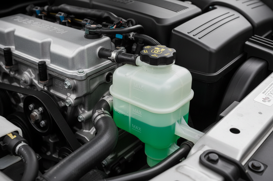 Car coolant overflow reservoir under the hood — translucent white plastic coolant reservoir with MIN/MAX level markings, bright green coolant visible inside, radiator hoses in background