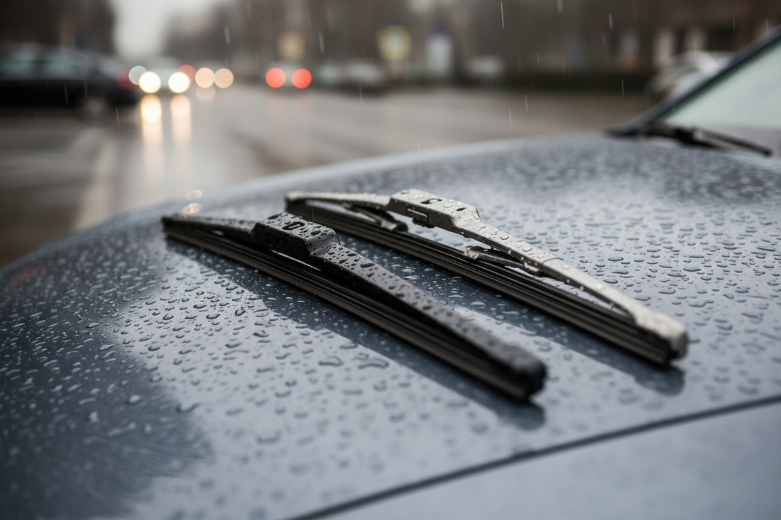 Beam wiper blade and traditional frame wiper blade side by side on a car hood — comparing modern frameless beam wiper vs classic bracket wiper