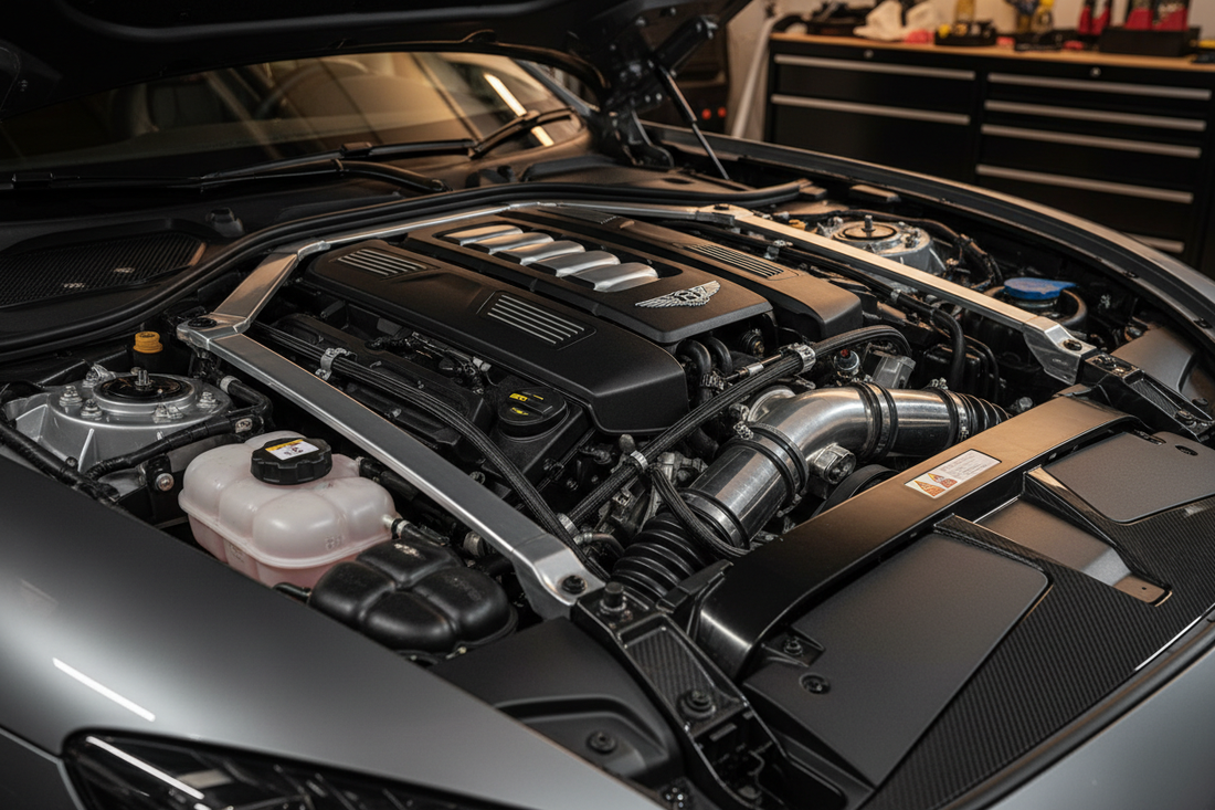 Clean detailed engine bay of a modern car — organized engine compartment with black plastic covers and clean hoses in a garage