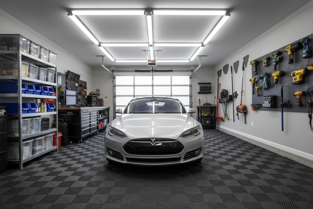 Clean organized garage with interlocking rubber floor tiles and car parked on top