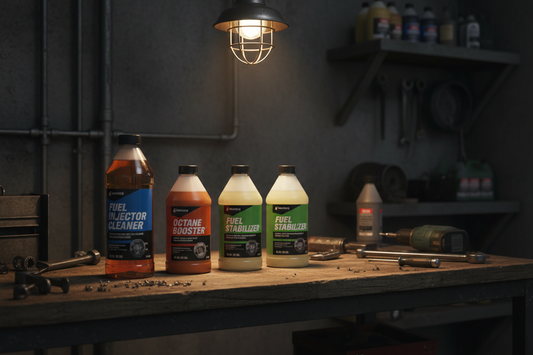 Fuel additive bottles lined up on a garage workbench — fuel injector cleaner, octane booster, and fuel stabilizer in dark industrial setting