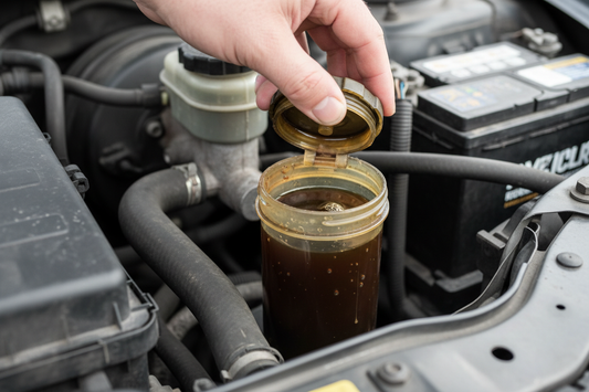 Car brake fluid reservoir under the hood — translucent brake fluid reservoir cap being opened, dark amber old brake fluid visible inside the engine bay