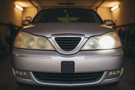 Yellowed foggy headlight before and after restoration — left showing cloudy oxidized yellow headlight lens, right showing crystal clear restored headlight