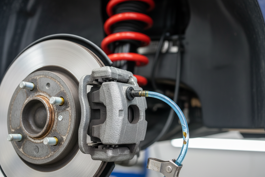 Translucent brake fluid reservoir under the hood with cap removed — clear slightly yellow brake fluid visible with MIN/MAX markings, brake master cylinder below