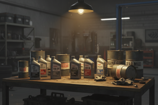 Motor oil bottles and lubricant cans on a garage workbench — 5W-30, synthetic and conventional oil brands in dark industrial setting