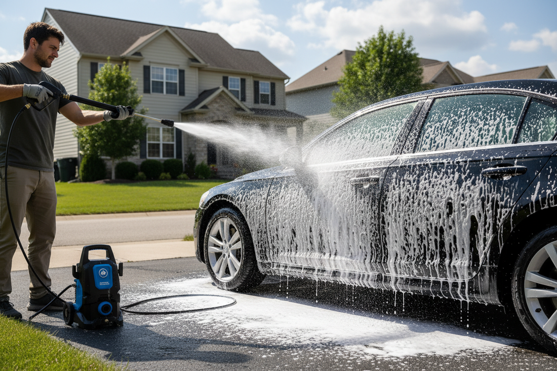 Foam cannon spraying thick white soap foam onto a black car exterior — car wash setup
