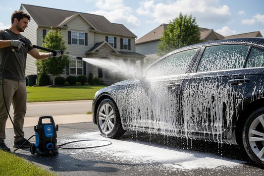 Foam cannon spraying thick white soap foam onto a black car exterior — car wash setup