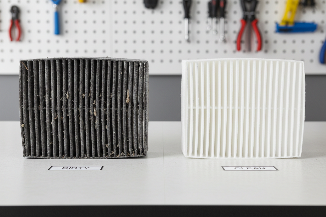 Dirty vs clean cabin air filter side by side — left showing clogged dark gray cabin filter full of dust, right showing fresh white clean cabin air filter