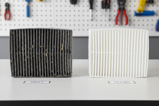 Dirty vs clean cabin air filter side by side — left showing clogged dark gray cabin filter full of dust, right showing fresh white clean cabin air filter