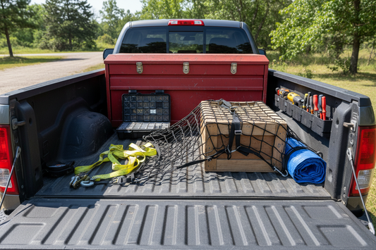 Pickup truck bed organized with tools, toolbox, and cargo net