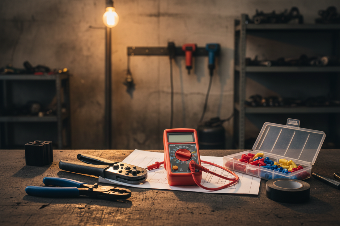 Automotive electrical tools on a garage workbench — multimeter, wire stripper, crimping tool, heat shrink connectors, and electrical tape