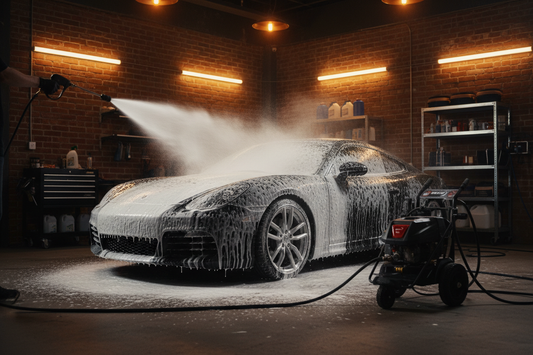 Electric pressure washer with foam cannon spraying thick soap foam over a car in a garage — car wash setup with warm industrial lighting
