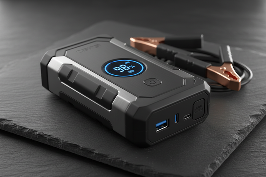 Portable lithium jump starter pack — compact design with LED display showing charge level