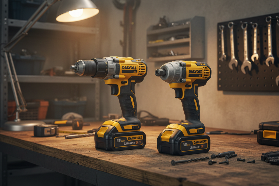Cordless drill and impact driver side by side on a garage workbench — both with batteries attached, dark industrial setting with warm lighting